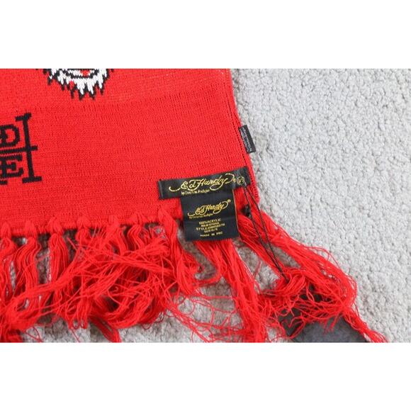 New Ed Hardy By Christian Audigier Scarf Red Tiger Multicolor Logo Tassel 72" - Picture 2 of 3